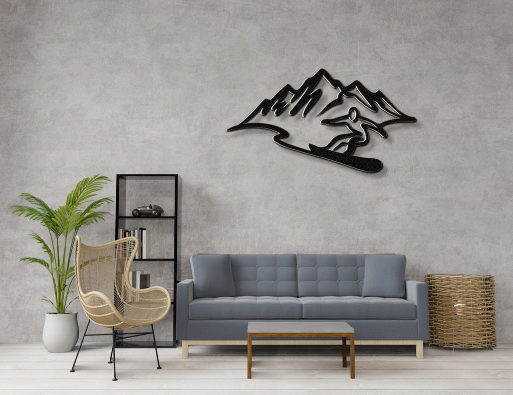 Snowboarder with Mountains Metal Wall Art