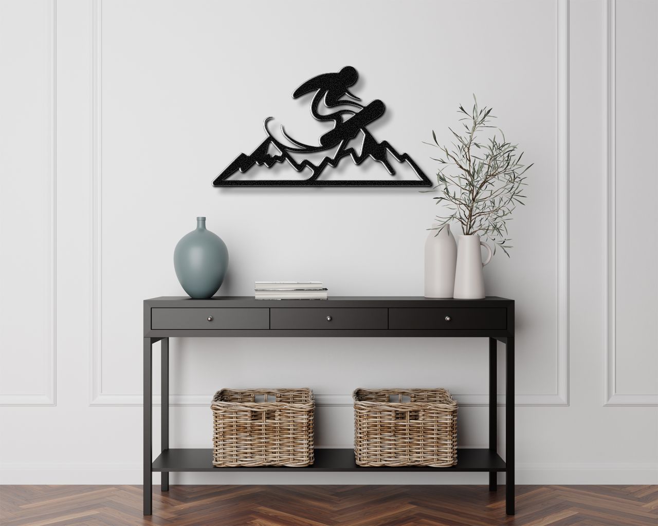 Snowboarder with Mountains Metal Wall Art