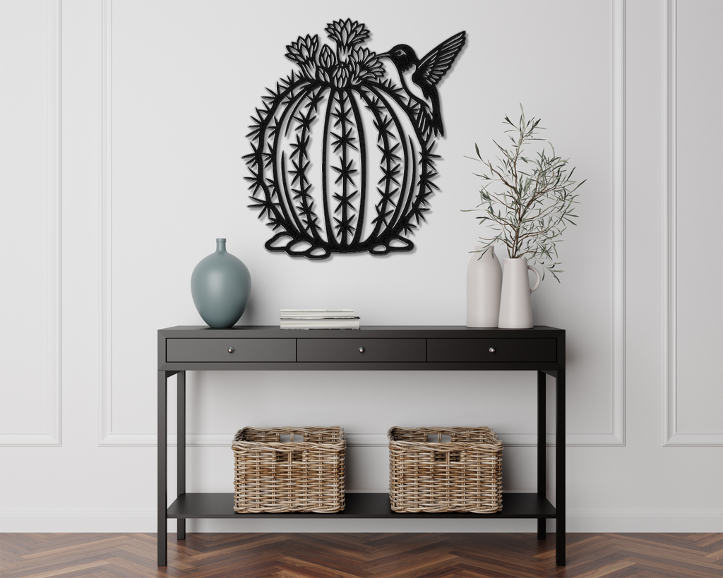 Hummingbird and Barrel Cactus Metal Wall Art