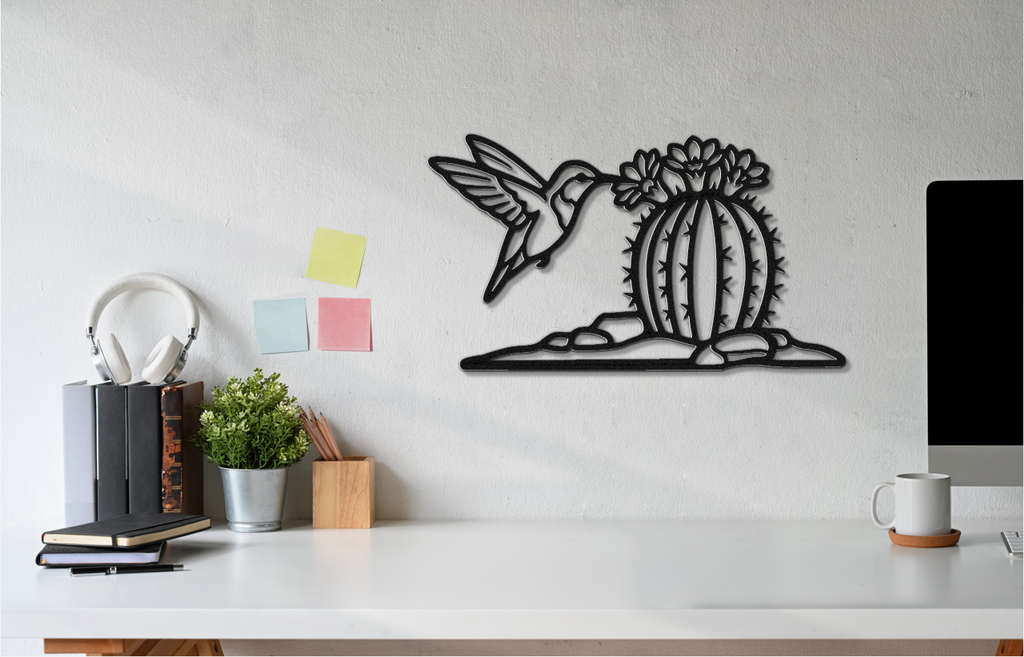Hummingbird and Barrel Cactus Metal Wall Art