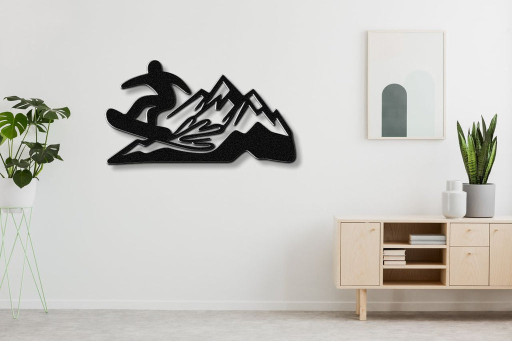 Snowboarder with Mountains Metal Wall Art