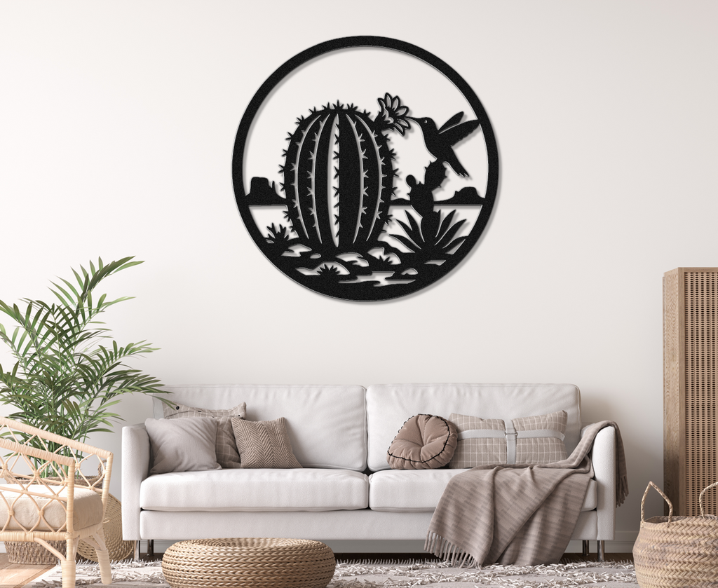 Hummingbird and Barrel Cactus Metal Wall Art