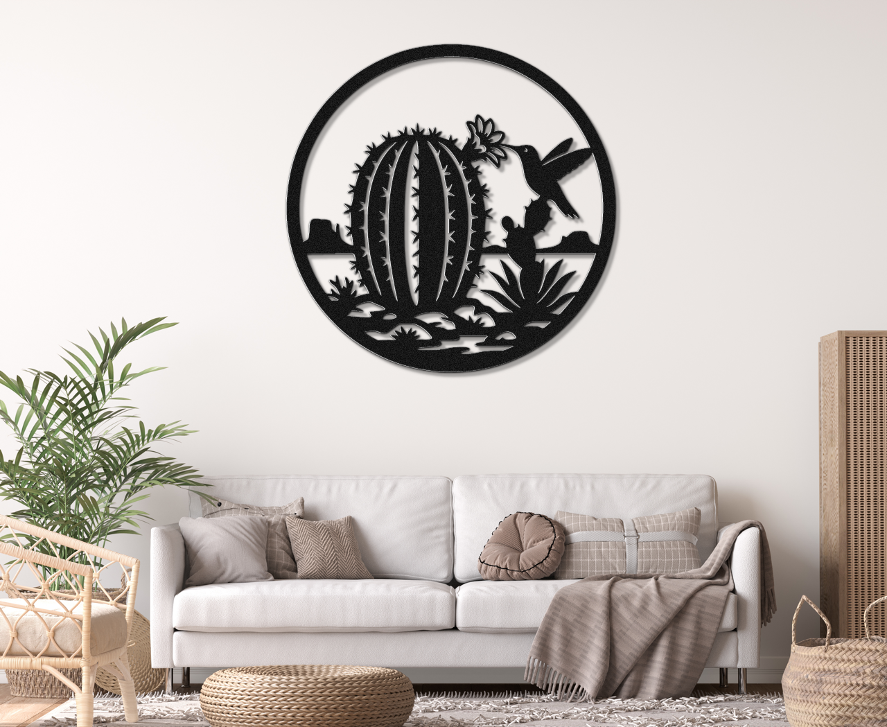 Hummingbird and Barrel Cactus Metal Wall Art