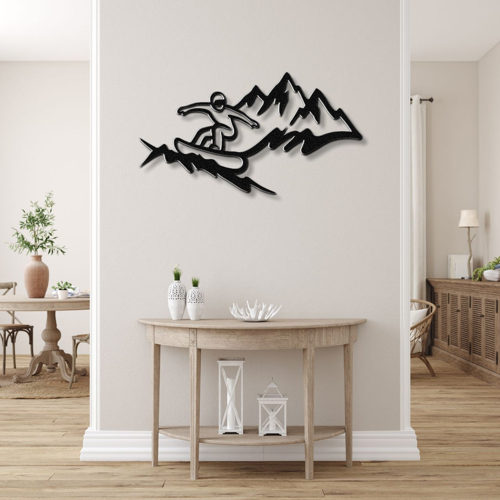 Snowboarder with Mountains Metal Wall Art