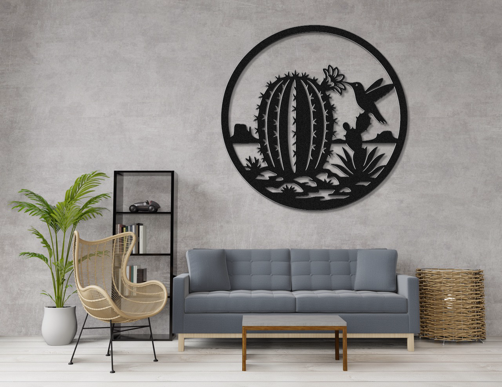 Hummingbird and Barrel Cactus Metal Wall Art