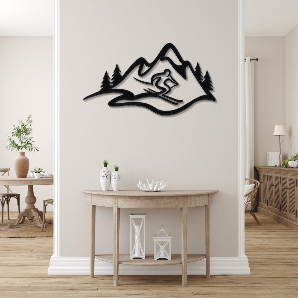 Skier and Mountain Metal Wall Art