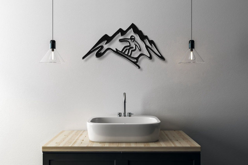 Snowboarder with Mountains Metal Wall Art