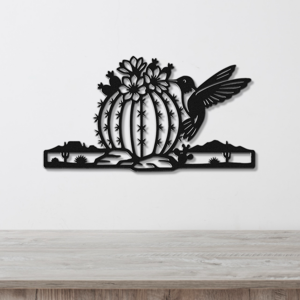 Hummingbird and Barrel Cactus Metal Wall Art