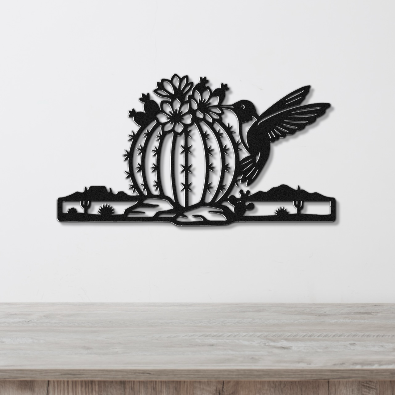 Hummingbird and Barrel Cactus Metal Wall Art