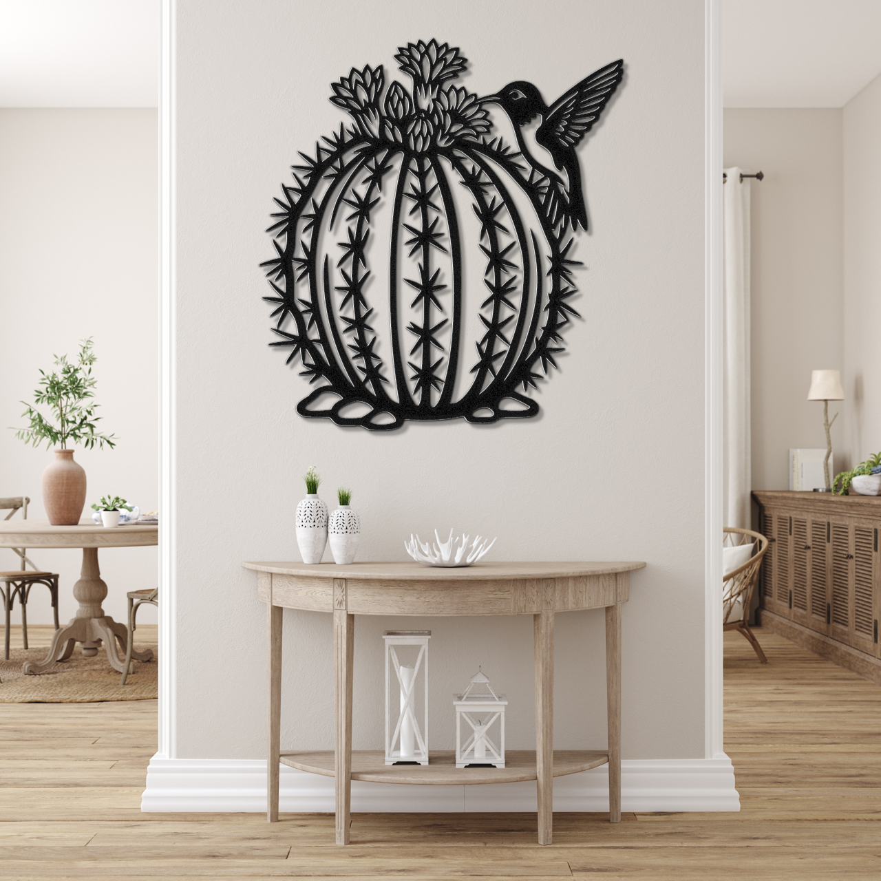 Hummingbird and Barrel Cactus Metal Wall Art