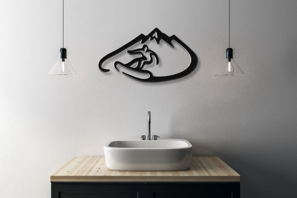 Snowboarder with Mountains Metal Wall Art