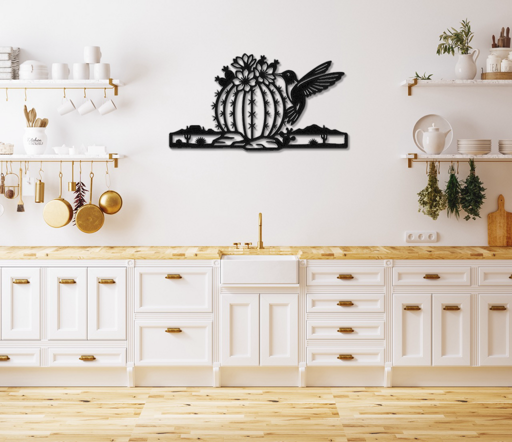 Hummingbird and Barrel Cactus Metal Wall Art