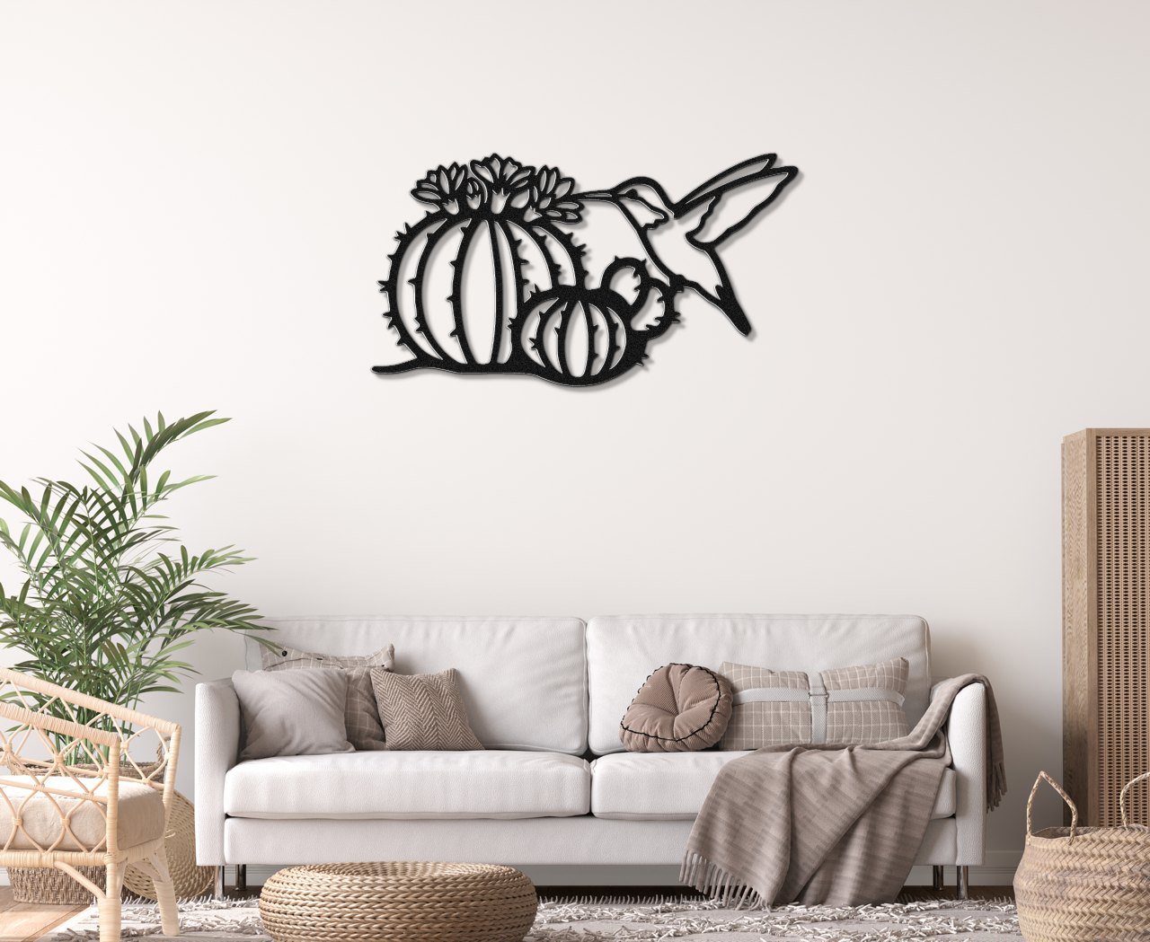 Hummingbird and Barrel Cactus Metal Wall Art