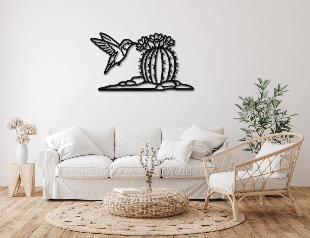 Hummingbird and Barrel Cactus Metal Wall Art