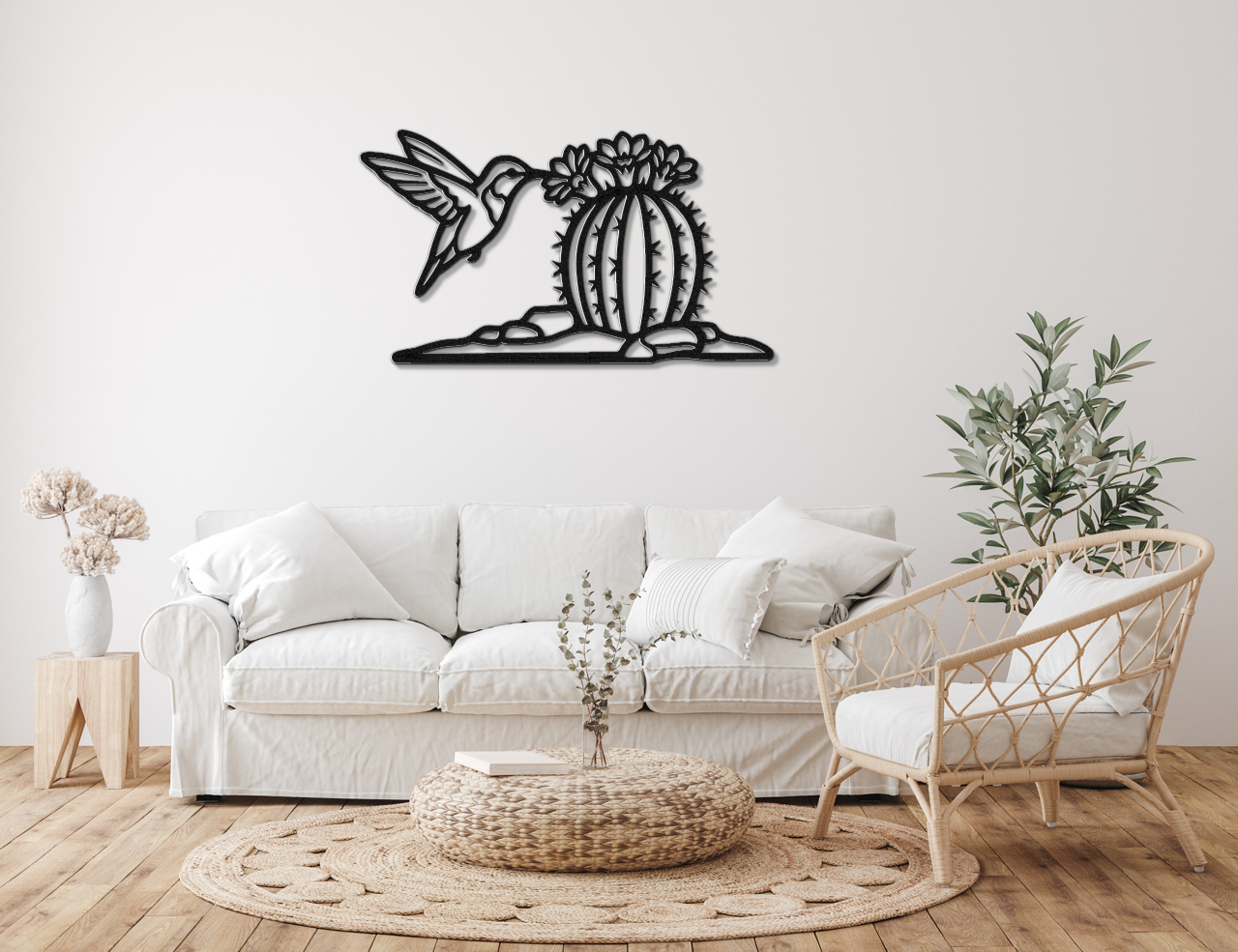 Hummingbird and Barrel Cactus Metal Wall Art