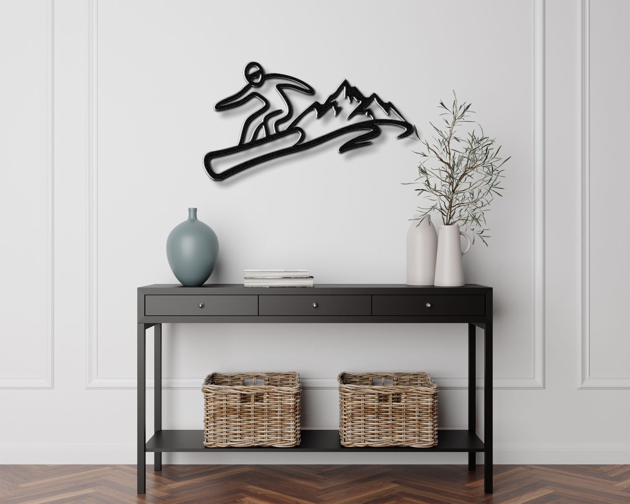 Snowboarder with Mountains Metal Wall Art