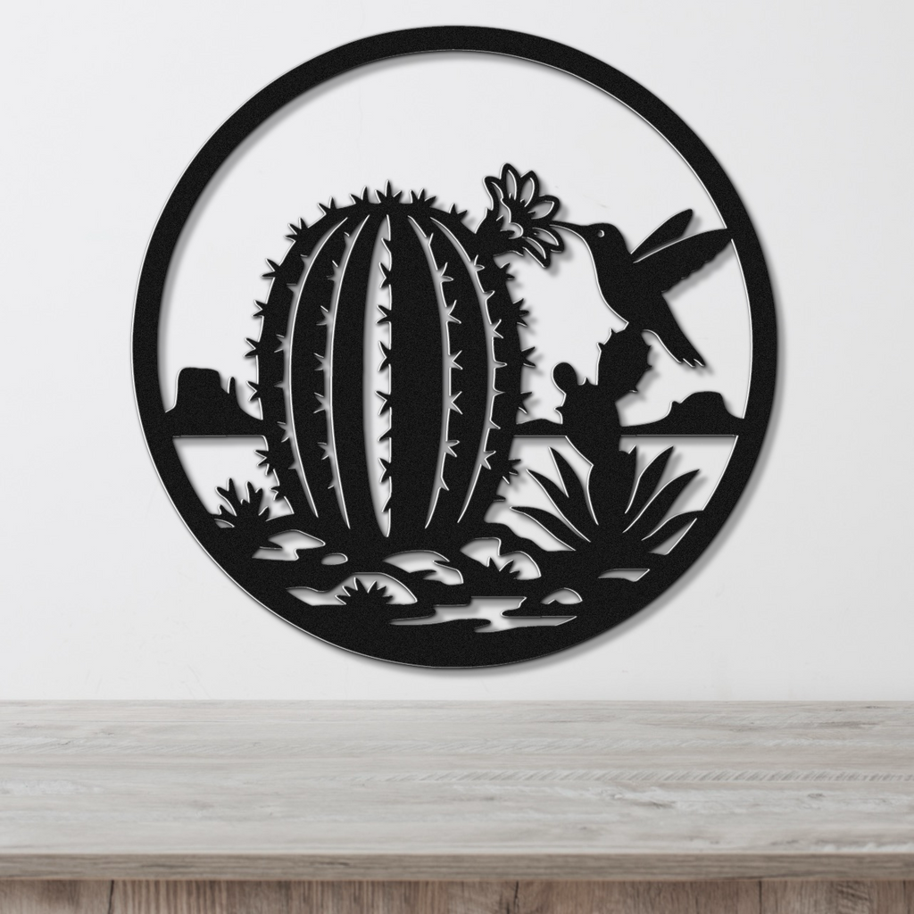 Hummingbird and Barrel Cactus Metal Wall Art