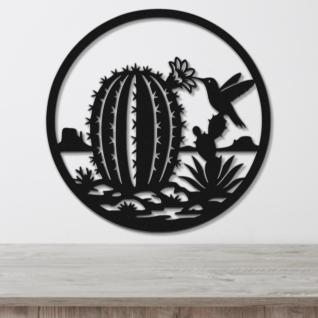 Hummingbird and Barrel Cactus Metal Wall Art