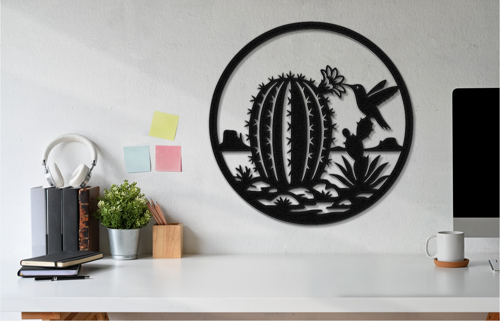 Hummingbird and Barrel Cactus Metal Wall Art