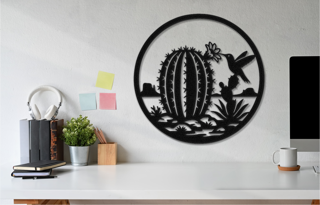 Hummingbird and Barrel Cactus Metal Wall Art
