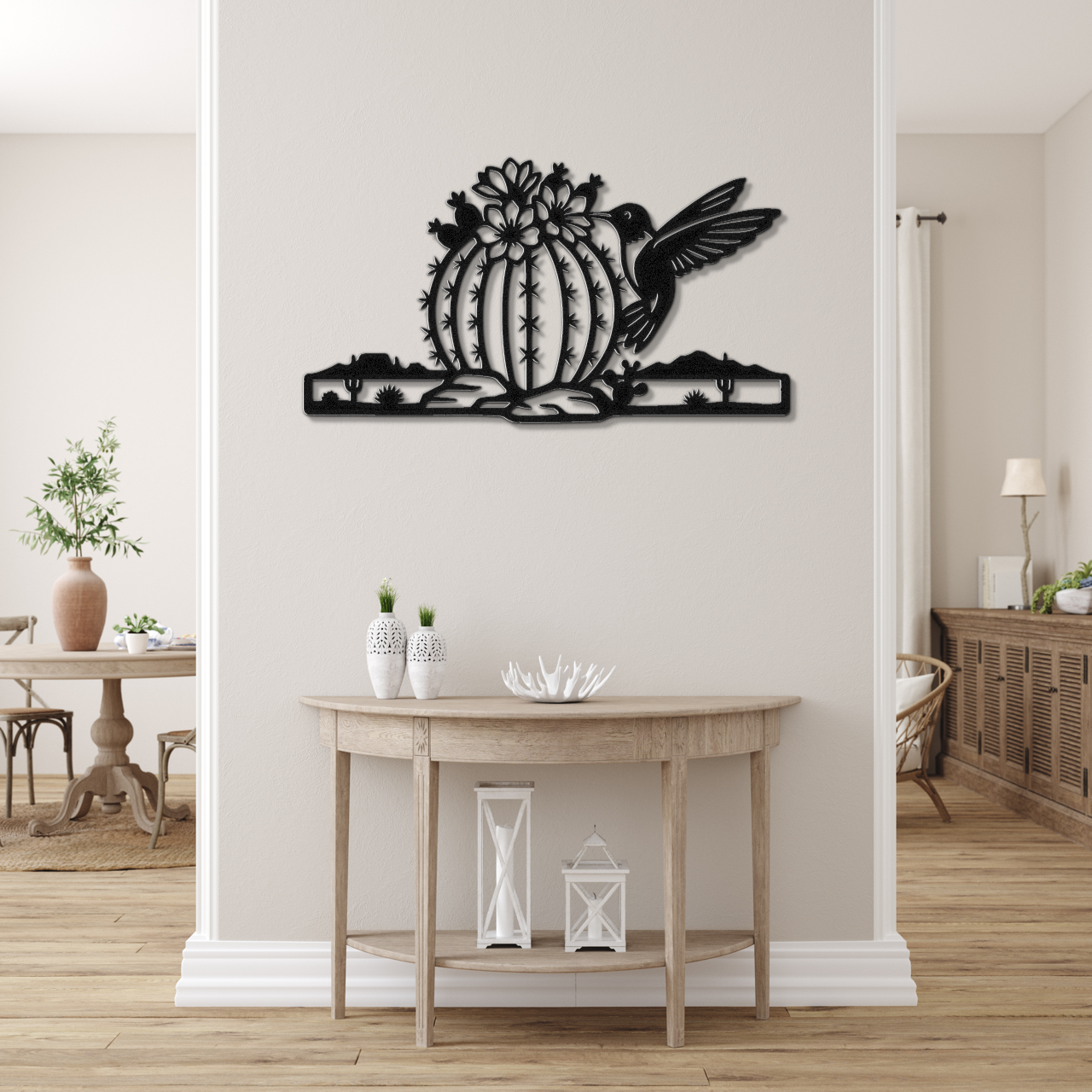 Hummingbird and Barrel Cactus Metal Wall Art
