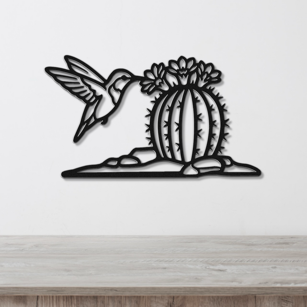 Hummingbird and Barrel Cactus Metal Wall Art