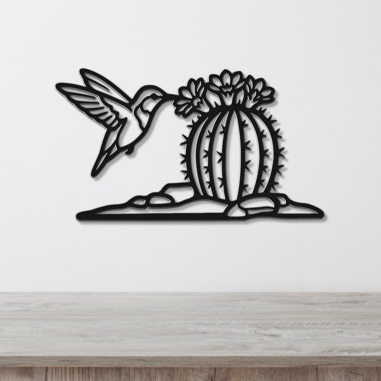 Hummingbird and Barrel Cactus Metal Wall Art