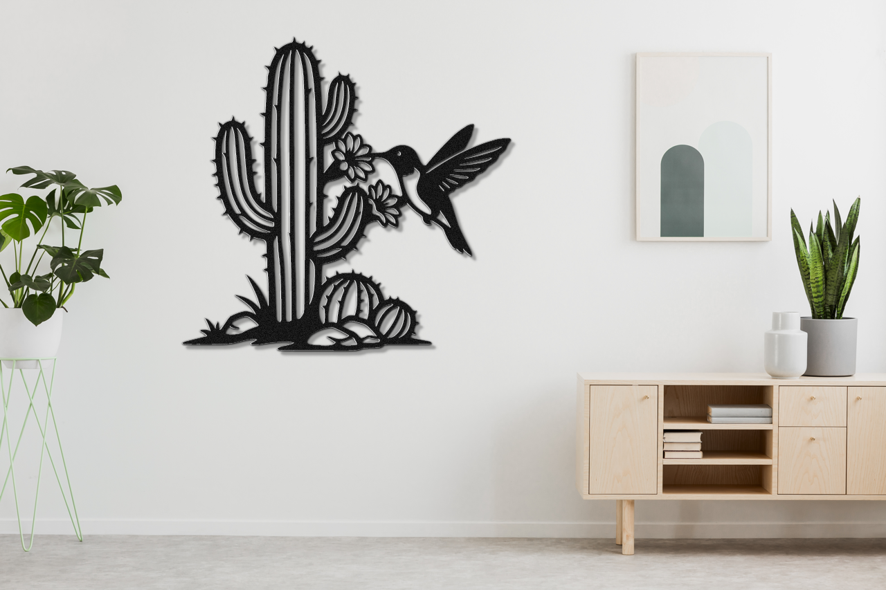 Hummingbird and Cactus Metal Wall Art