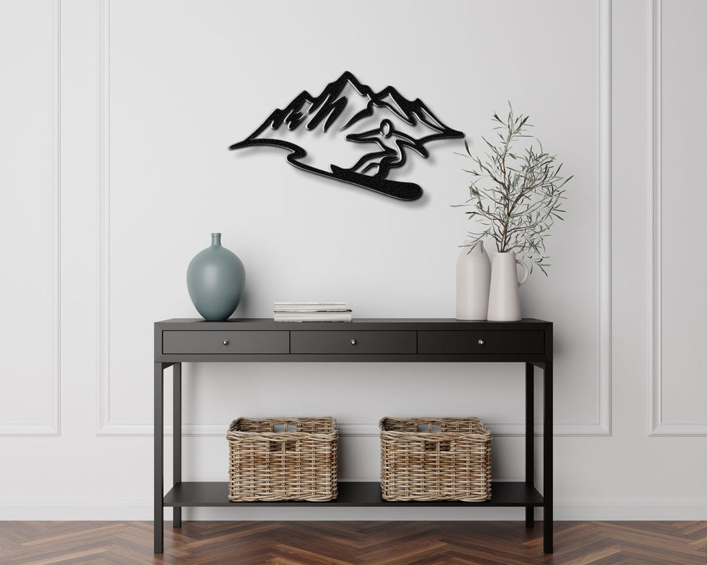 Snowboarder with Mountains Metal Wall Art
