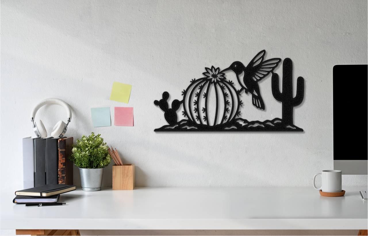 Hummingbird and Cactus Metal Wall Art