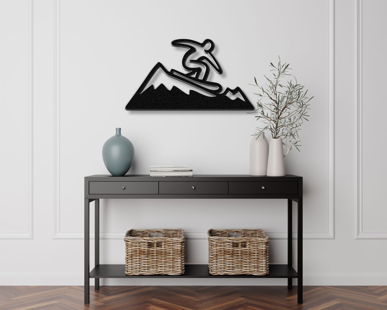 Snowboarder with Mountains Metal Wall Art
