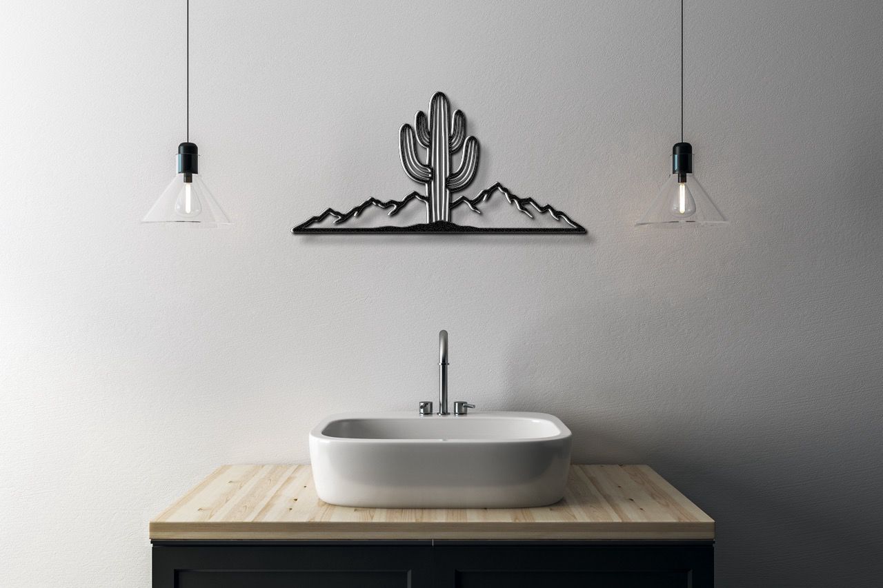 Saguaro Cactus with Mountains Metal Wall Art