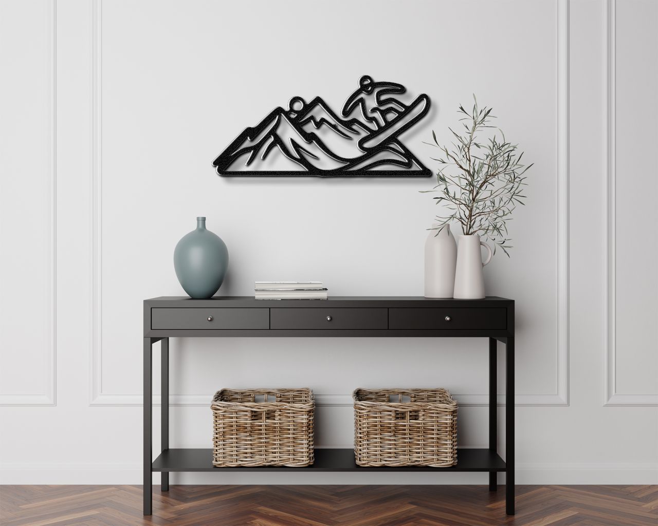 Snowboarder with Mountains Metal Wall Art