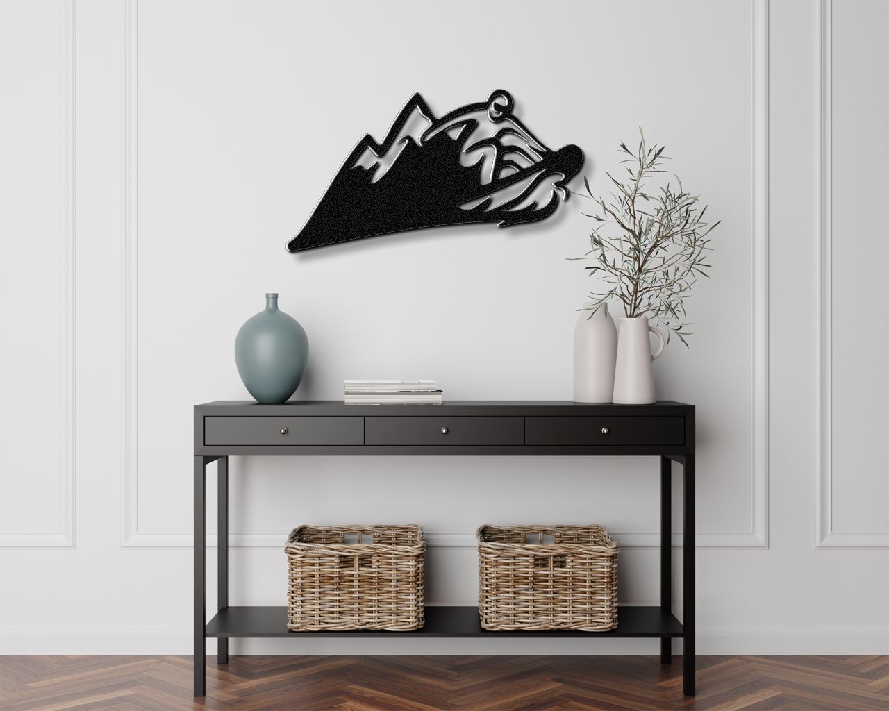 Snowboarder with Mountains Metal Wall Art