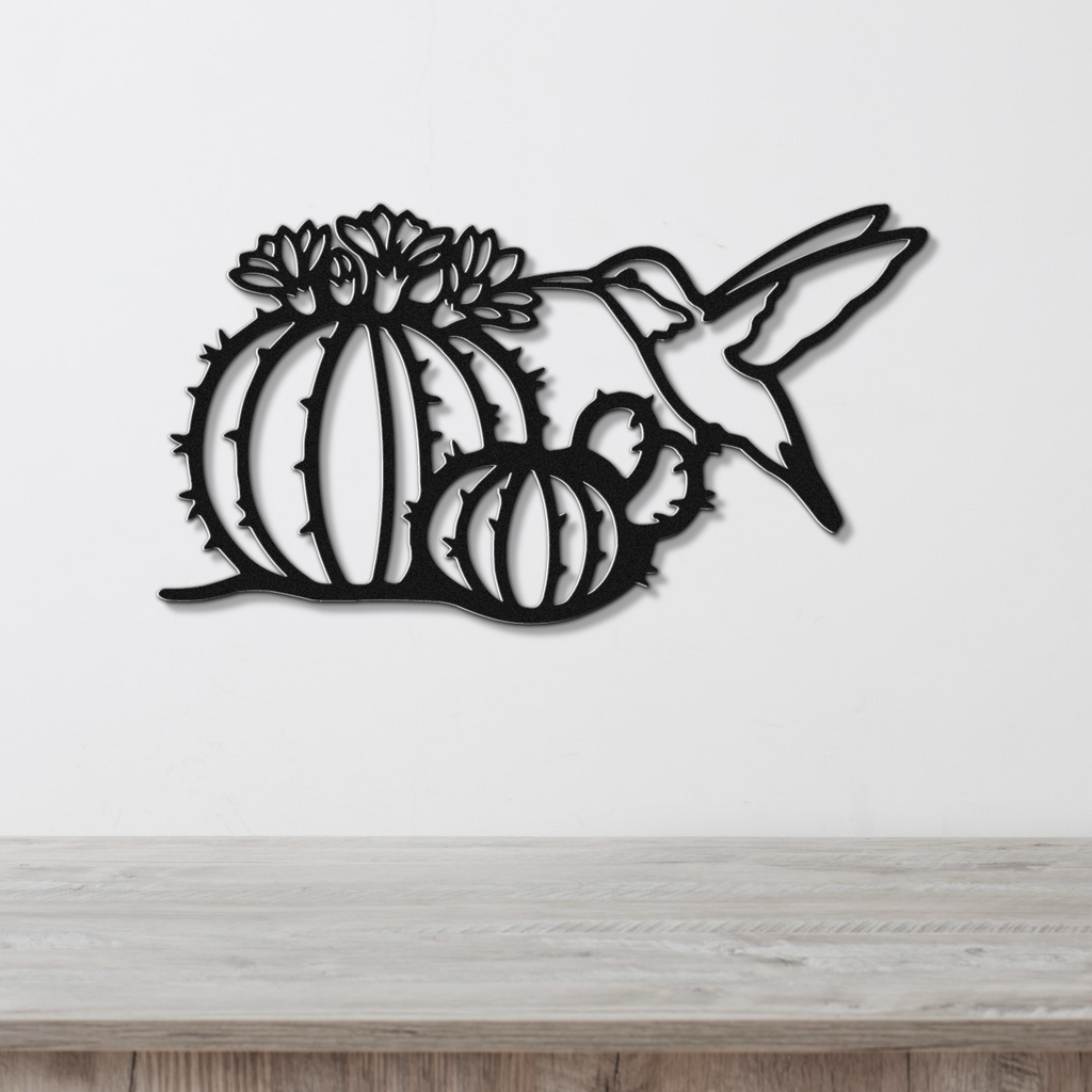 Hummingbird and Barrel Cactus Metal Wall Art