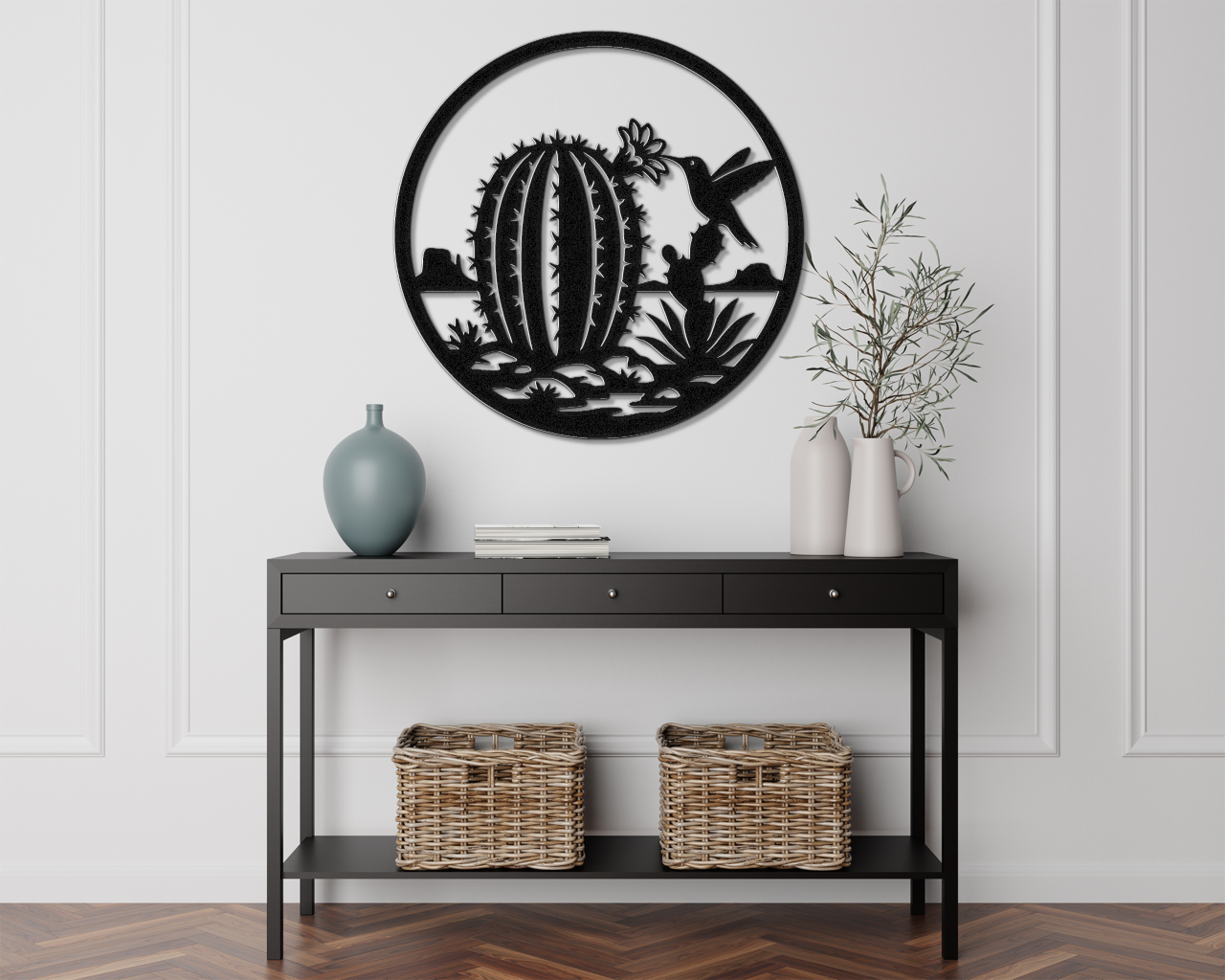 Hummingbird and Barrel Cactus Metal Wall Art