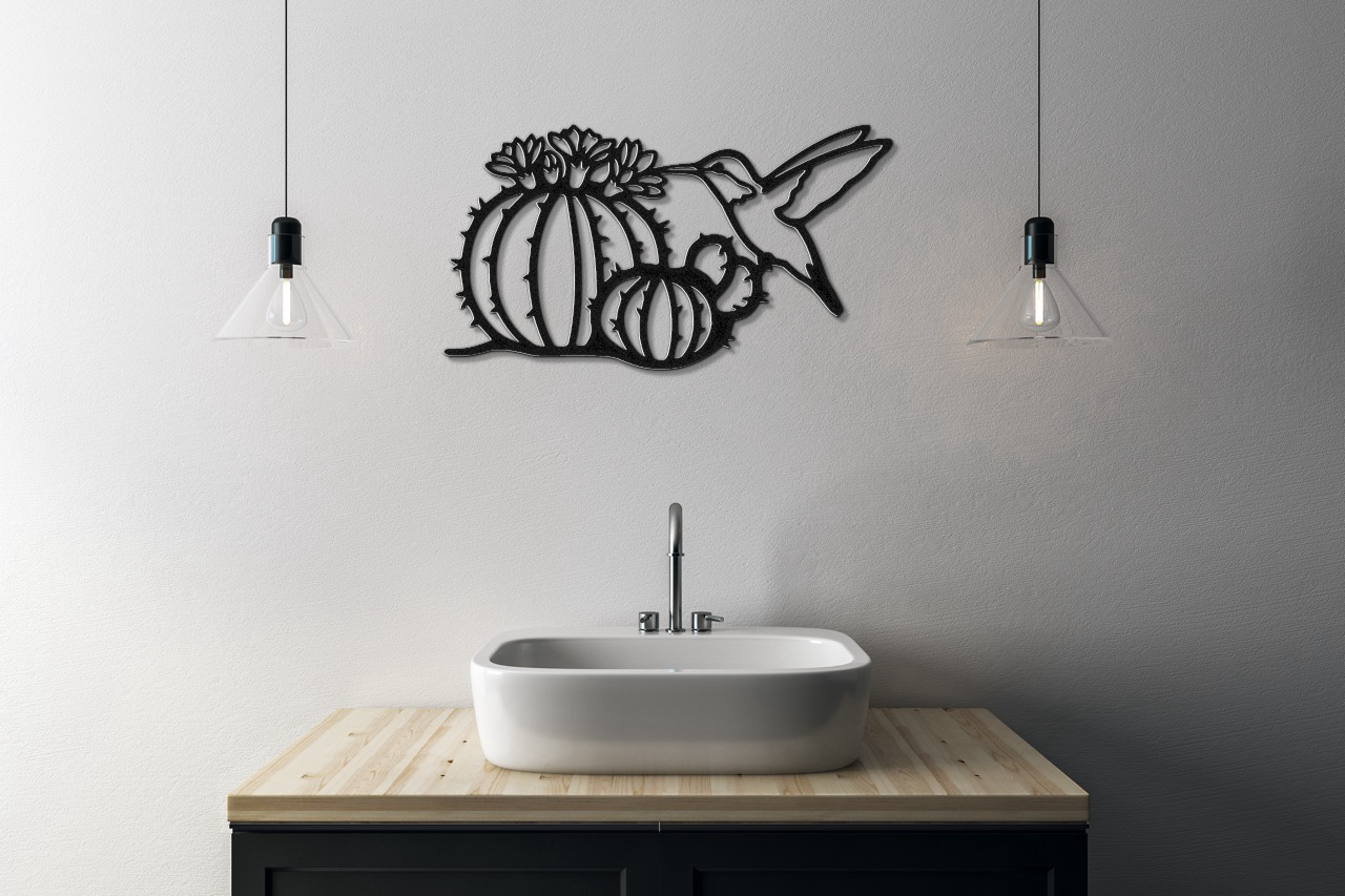 Hummingbird and Barrel Cactus Metal Wall Art