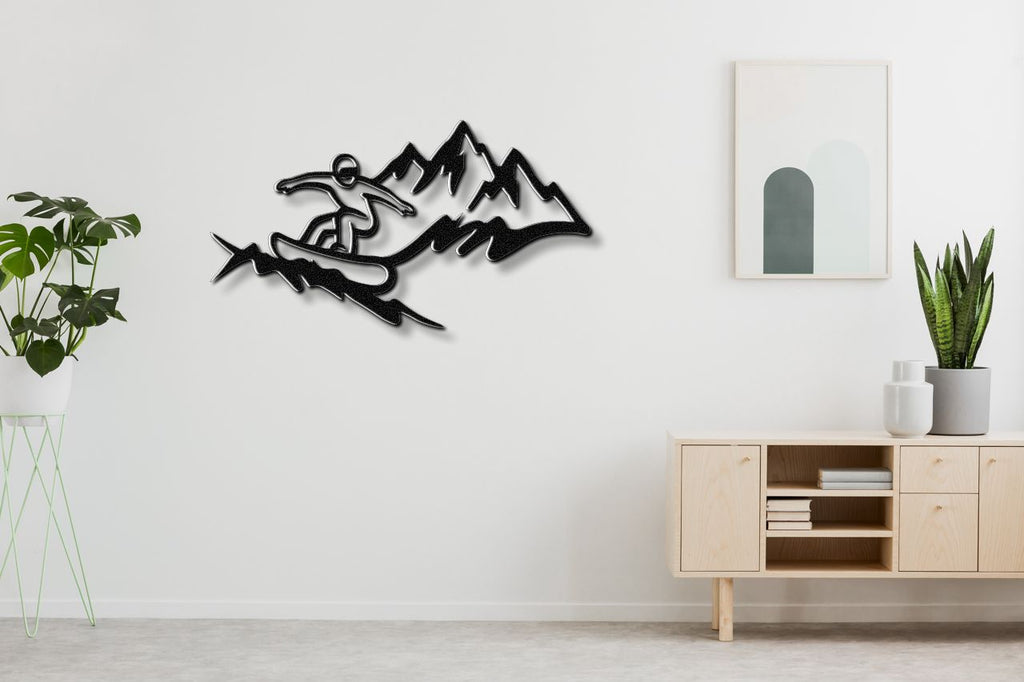 Snowboarder with Mountains Metal Wall Art