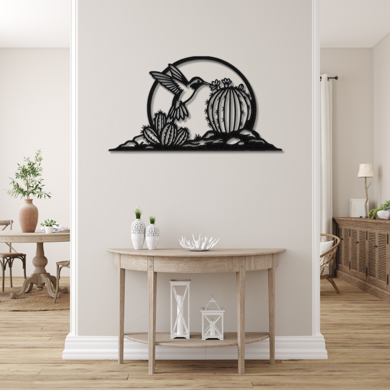 Hummingbird and Barrel Cactus Metal Wall Art