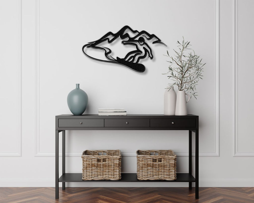 Snowboarder with Mountains Metal Wall Art