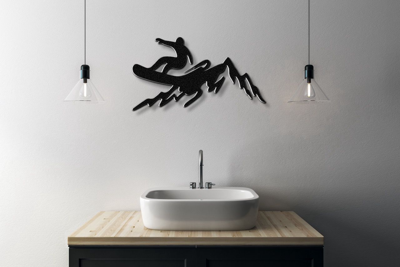 Snowboarder with Mountains Metal Wall Art