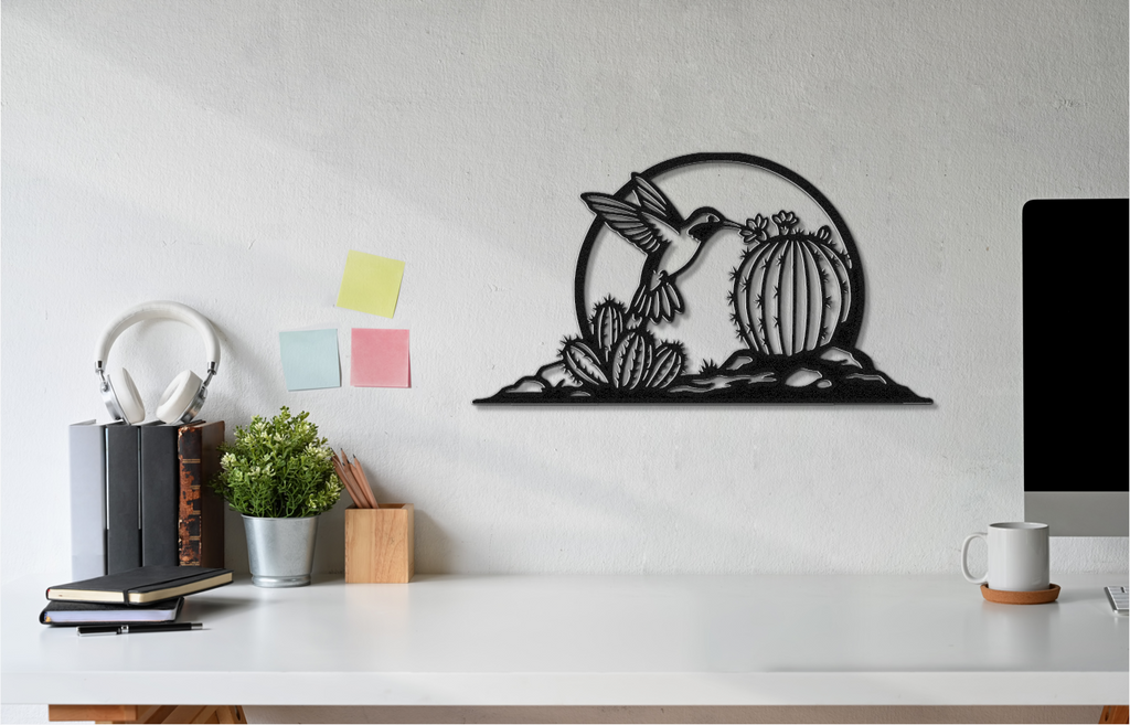 Hummingbird and Barrel Cactus Metal Wall Art