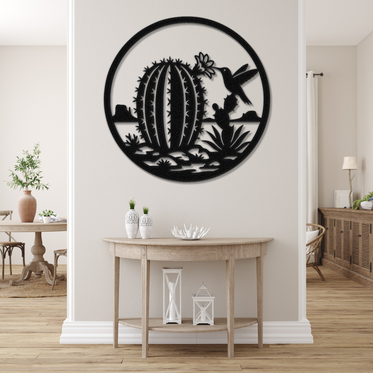 Hummingbird and Barrel Cactus Metal Wall Art
