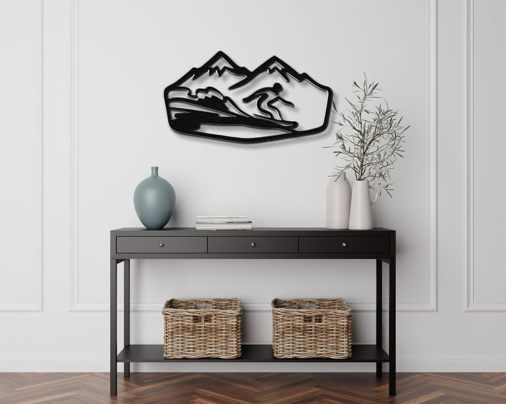 Snowboarder with Mountains Metal Wall Art