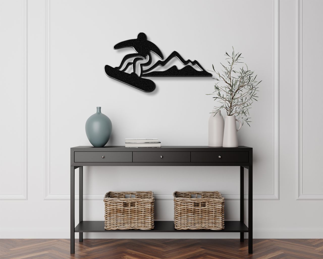 Snowboarder with Mountains Metal Wall Art