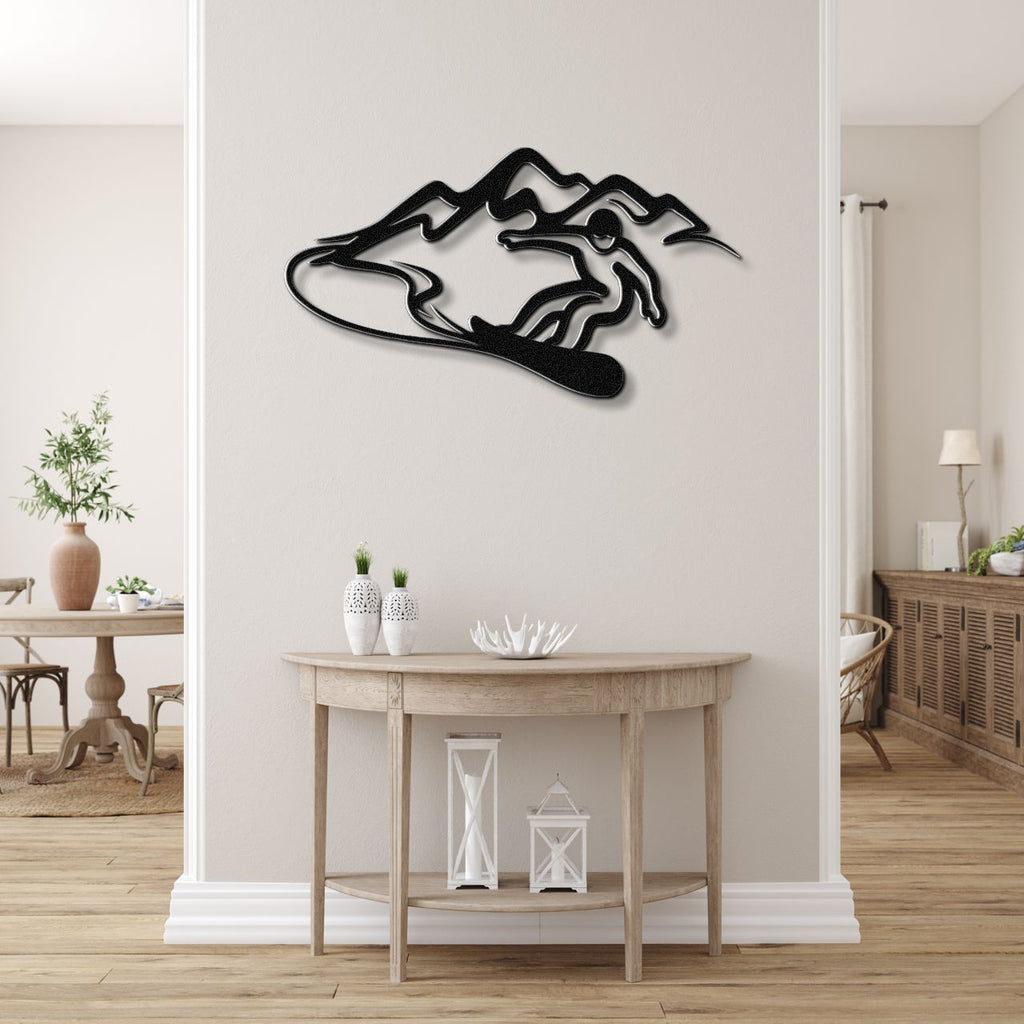 Snowboarder with Mountains Metal Wall Art