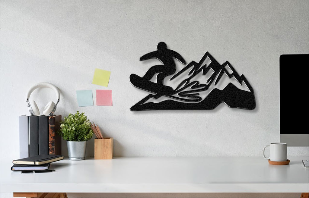 Snowboarder with Mountains Metal Wall Art