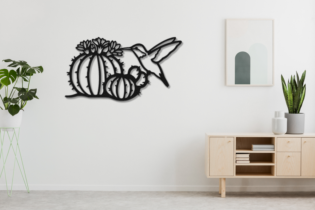 Hummingbird and Barrel Cactus Metal Wall Art