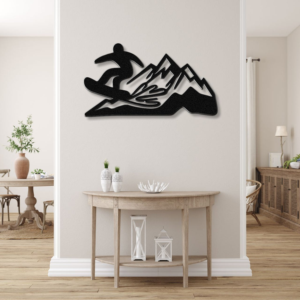 Snowboarder with Mountains Metal Wall Art