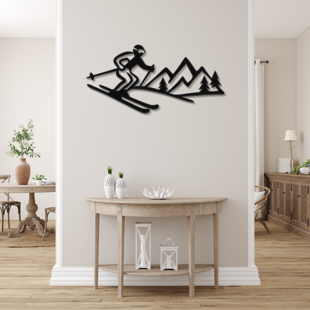Skier and Mountain Metal Wall Art